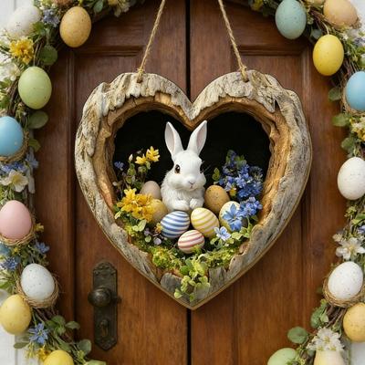 Easter Wreath Bunny Sign Wooden Hanging Pendant Rustic Holiday Door Wall Decor for Home Garden Front Wall Fireplace Festive Party Decor