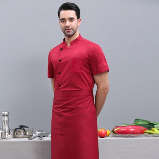 Hotel Chef Clothes Stand Collar Single Breasted Short Sleeve Breathable Overalls Stain Proof Cotton Blend Summer Chef Shirt Restaurant Kitchen