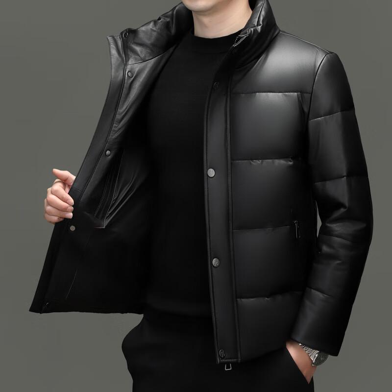 Yiliteng Men's Stand Collar Genuine Leather Goose Down Puffer Jacket