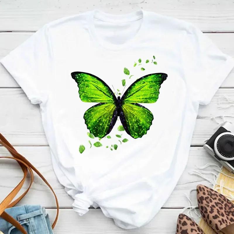 Women's colorful butterfly petal print T-shirt short-sleeved round neck cute graphic top