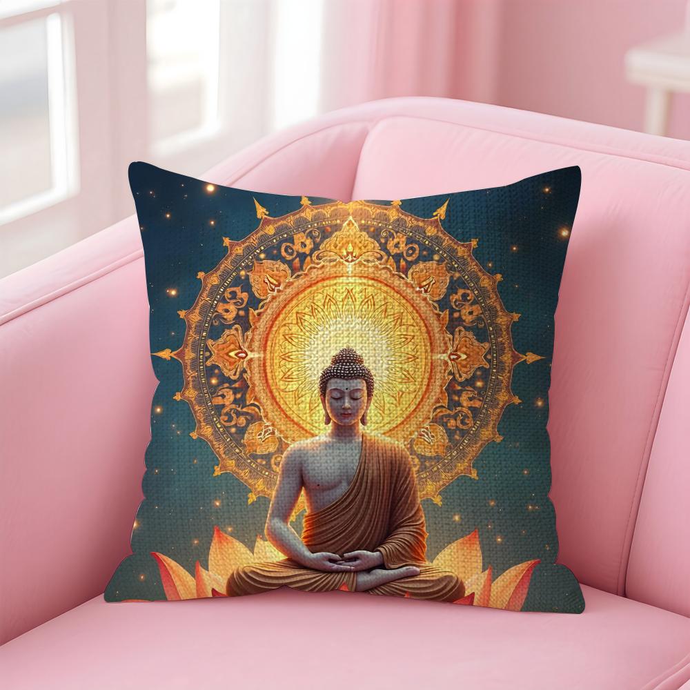 Buddha-Statue und Lotus-Kissenbezug Natürlicher Leinen-Kissenbezug Doppelseitiger Druck Dekorative Sofakissenhülle Heimdekoration Geschenk