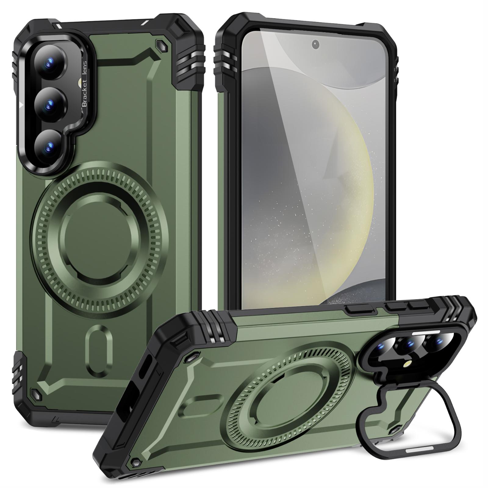 

For Samsung Galaxy S25+/S24+ Magnetic Case Metal Lens Frame Kickstand PC+TPU Mobile Cover E