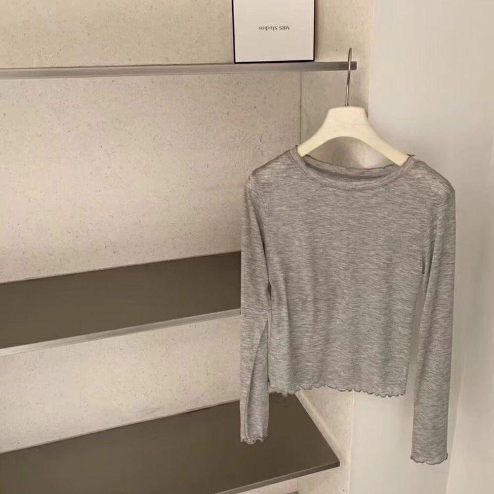 

Milk-Flavored Sweet Ruffle Round Neck Layering Cardigan - Women s Thin Semi-Transparent Long Sleeve T-shirt S (30-40 kg) серый