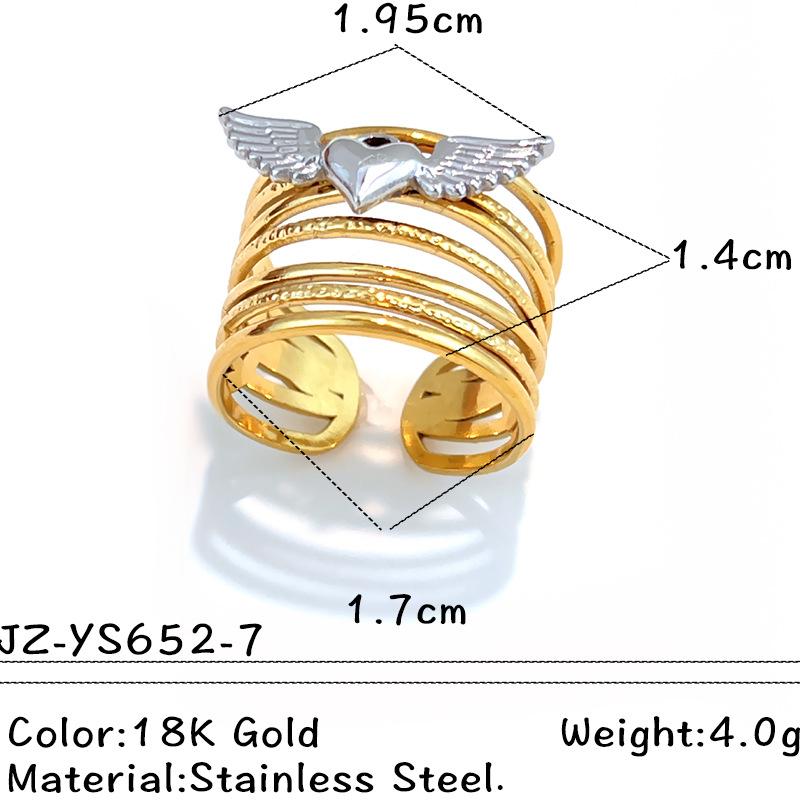 Stainless Steel Angel Wing Ring Unisex Color Block Heart Star Multi-layer Stackable Open Ring Punk Wide Non-fade Hand Jewelry