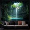 2D Magical Cave Waterfall Tapestry Tropical Cenote Lagoon with Hanging Vines Wall Art