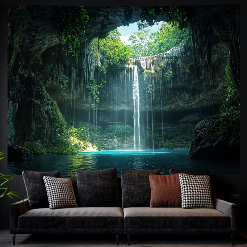 2D Magical Cave Waterfall Tapestry Tropical Cenote Lagoon with Hanging Vines Wall Art