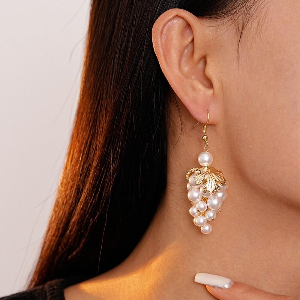 Leaf and Grape Pearl Tassel Ear Hook Faux Pearl Vintage Dangle Earrings Jewelry Gift