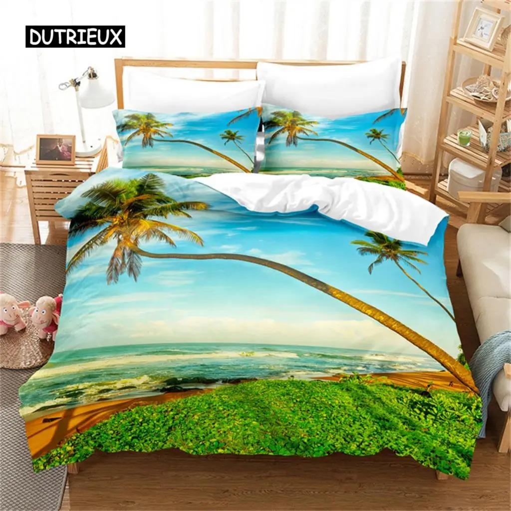 Beach Coconut 3D Tree Duvet Cover Ocean Beach Plants Bedding Collection Comforter Cover Collection For Boy Girls Bedroom Decor Bedding Collections