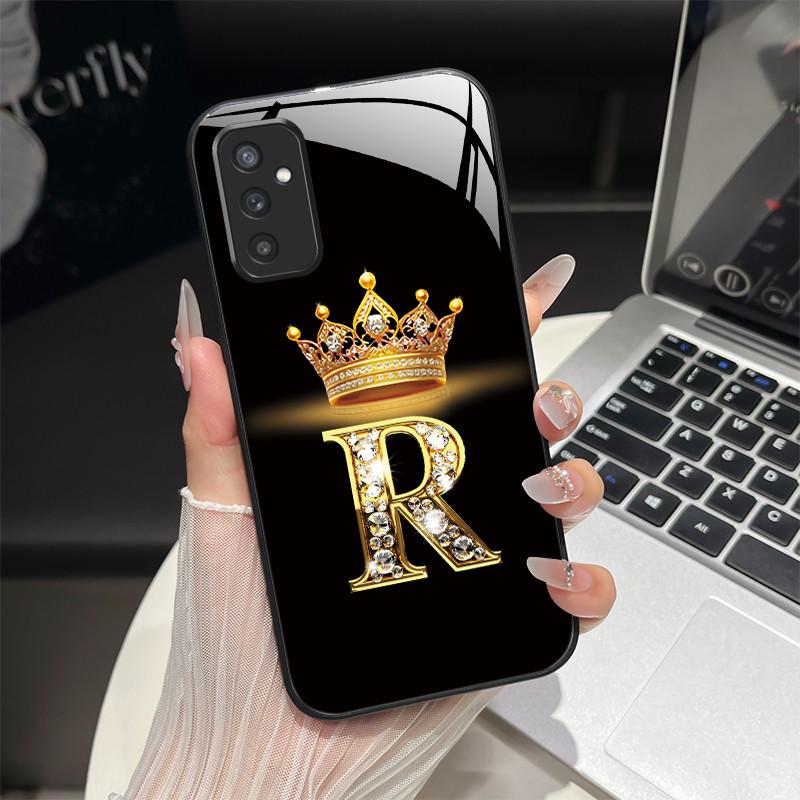 For Samsung M52 5G Case Galaxy M14 SM-M526B SM-M146B Phone Case ShockProof Fashion Initial Letter Hard Tempered Glass Back Cover