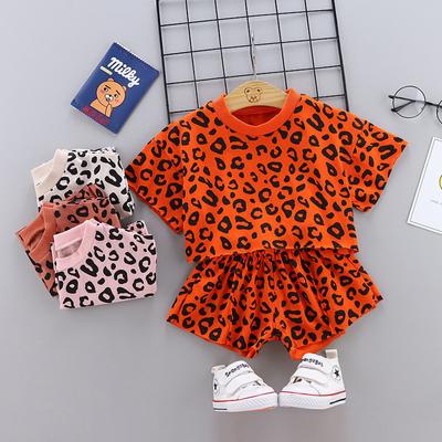 Girls Summer 0-5 Years Leopard Print Crewneck Short Sleeve T-shirt Shorts Clothing Set