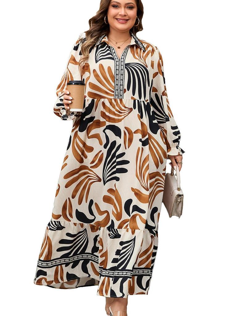 2025 Winter Plus Size Abstract Print Long Sleeve Dress - European & American Fashion