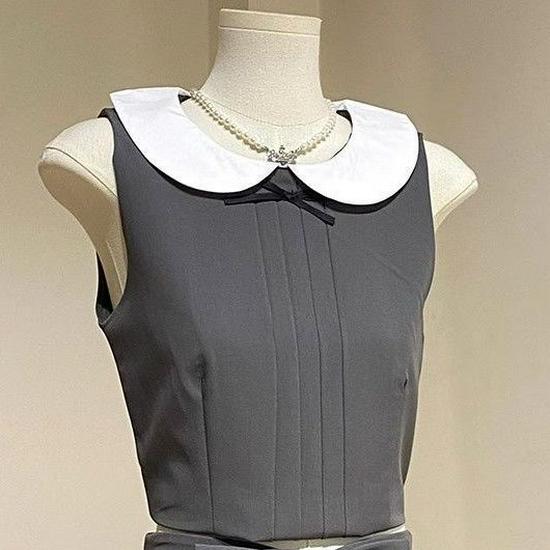 

Summer Slim Fit Color Block College Style Two-Piece Set: Doll Collar Sleeveless Top & Skirt S (70-85 lbs)