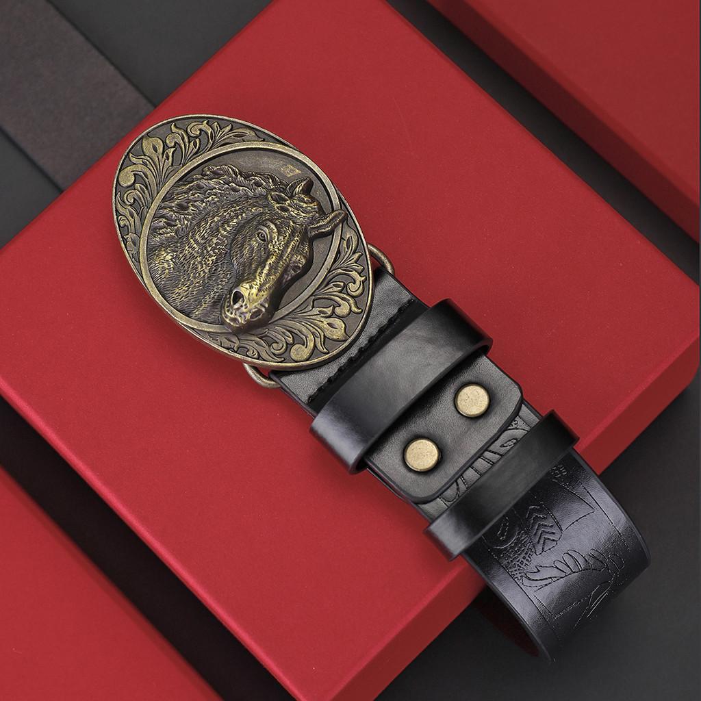 Men's Horse Head Belt Twelve Zodiac Trendy Fashion New Casual Versatile Men's Belt Automatic Buckle Waist Seal Pu Leather Alloy Buckle