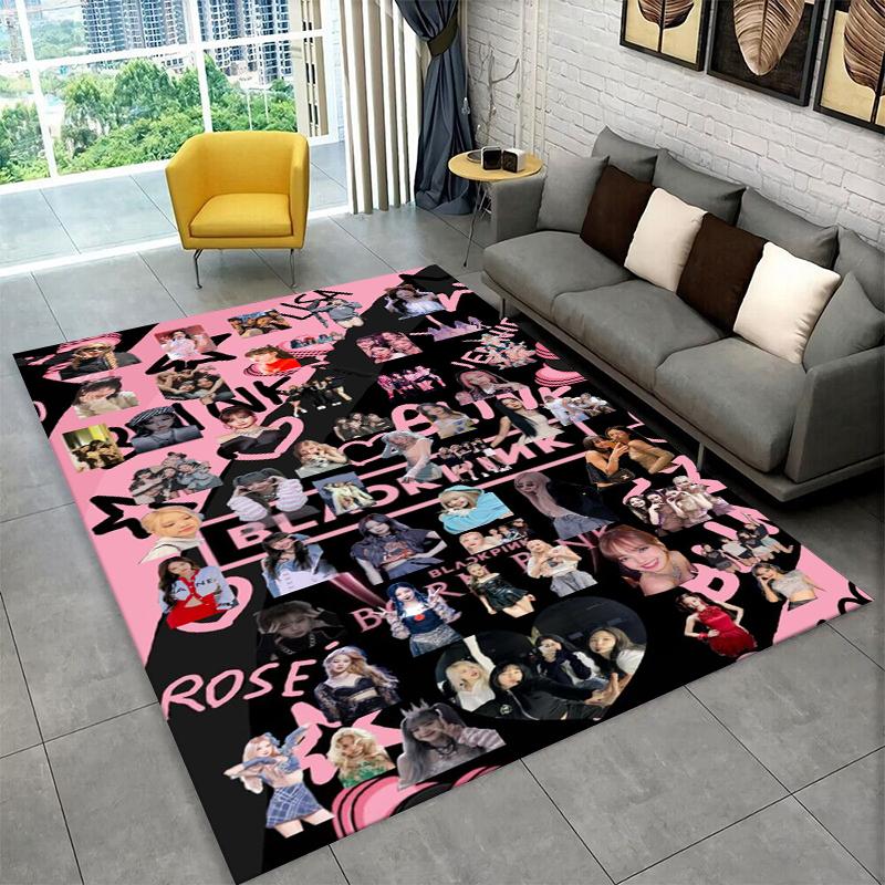 Fashion B-Black P-Pink Kpop Star Carpet Rug for Playroom Bedroom Living Room Sofa Home Decor,kid Area Rug Non-slip Floor Mat
