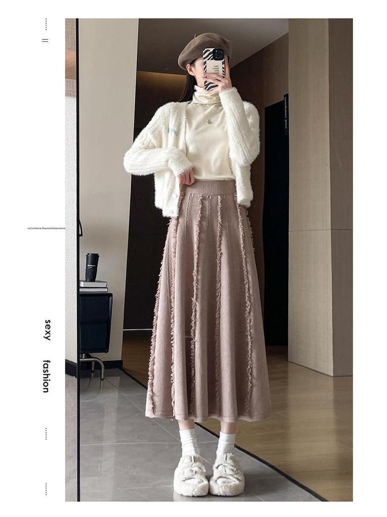 Women's Autumn-Winter White Wool Midi Skirt: High Waist, A-Line with Tassel Detail