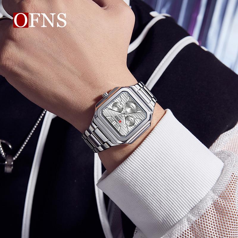 OFNS Six-Hand Men's Square Quartz Watch: Luminous, Day-Date, 30M Waterproof, Silicone Steel Band, Hot Seller
