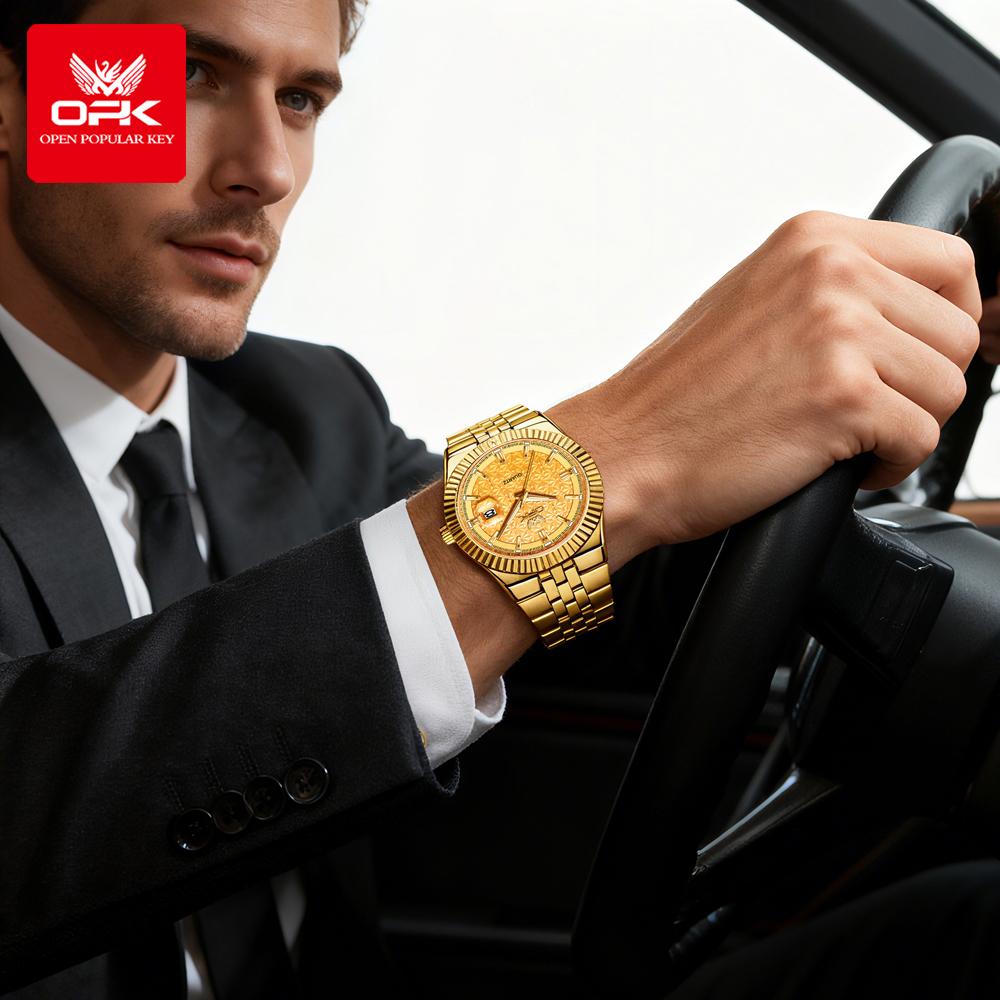 OPK 6073 Top Brand Men’s Quartz Wristwatch Stainless Steel Waterproof Auto Date Luxury Gold Watch for Man High Quality