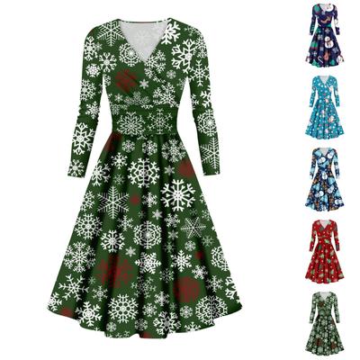 Vestido feminino casual e moderno com estampa de natal, manga comprida, decote em V, sexy