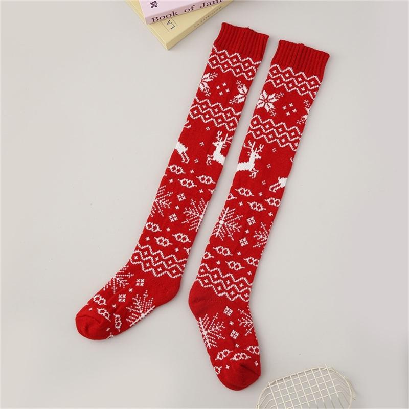 Women Christmas Reindeer Snowflake Knitted Thigh High Stockings Acrylic Fabric Over Knee Long Boot Socks Leg Warmers