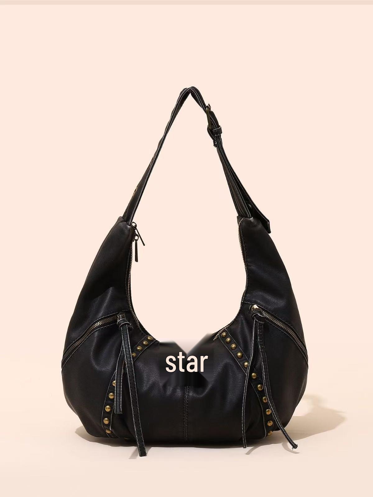 

Vintage PU Large Capacity Rivet Shoulder Bag - Women s Autumn/Winter Commuter Style 30*10*20 cm чорний