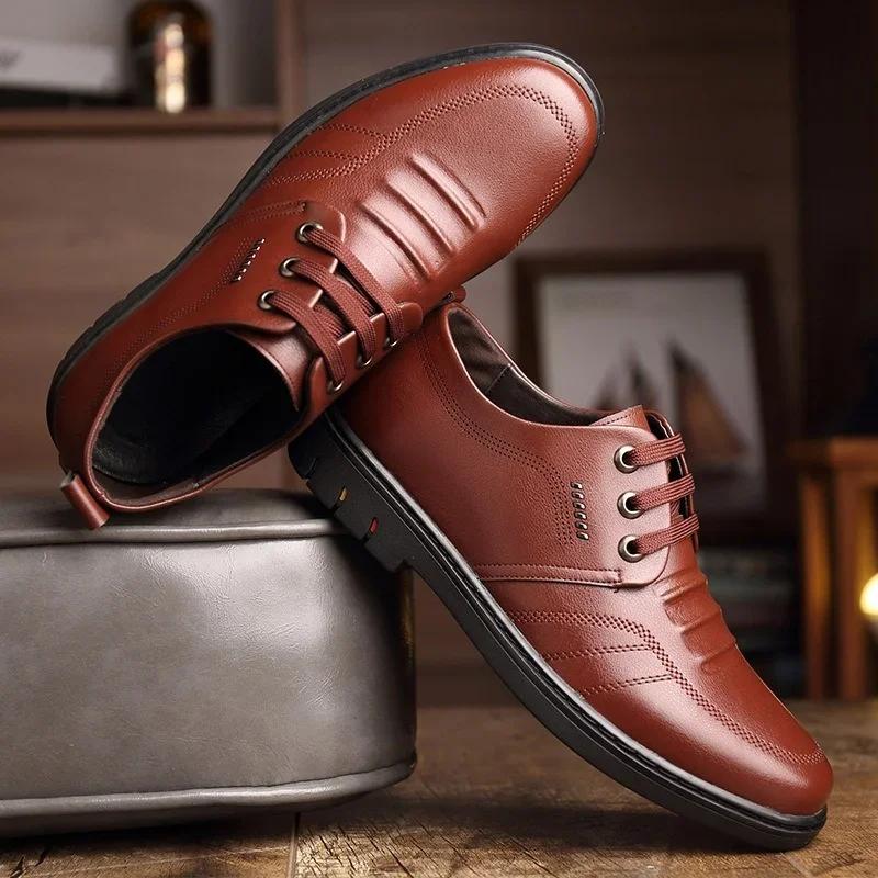 Men's Leather Shoes Autumn New Business Formal Shoes Lace Up Casual Leather Shoes Breathable Soft Sole Non Slip Leather Shoes