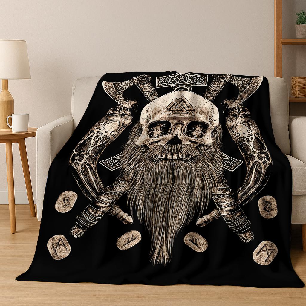 Viking Crow Raven Norse Mythology Skull Rune Flannel Blanket Soft Warm Blanket for Bedroom Room Office Travel Camping Picnic