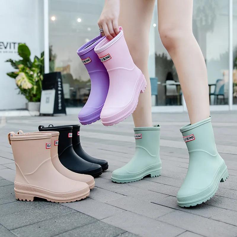 

Fashionable Thick Heel Anti-Slip Ladies Rain Boots Waterproof PVC Material Comfortable Low Heel Ankle Boots for Women 38 рожевий