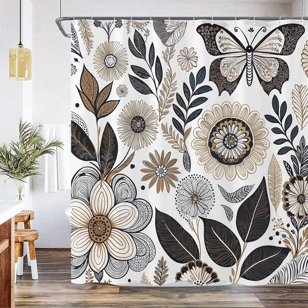 Boho Butterfly and Floral Shower Curtain White Boho Nature Shower Curtain Waterproof Flower Shower Curtains for Bathroom Decor