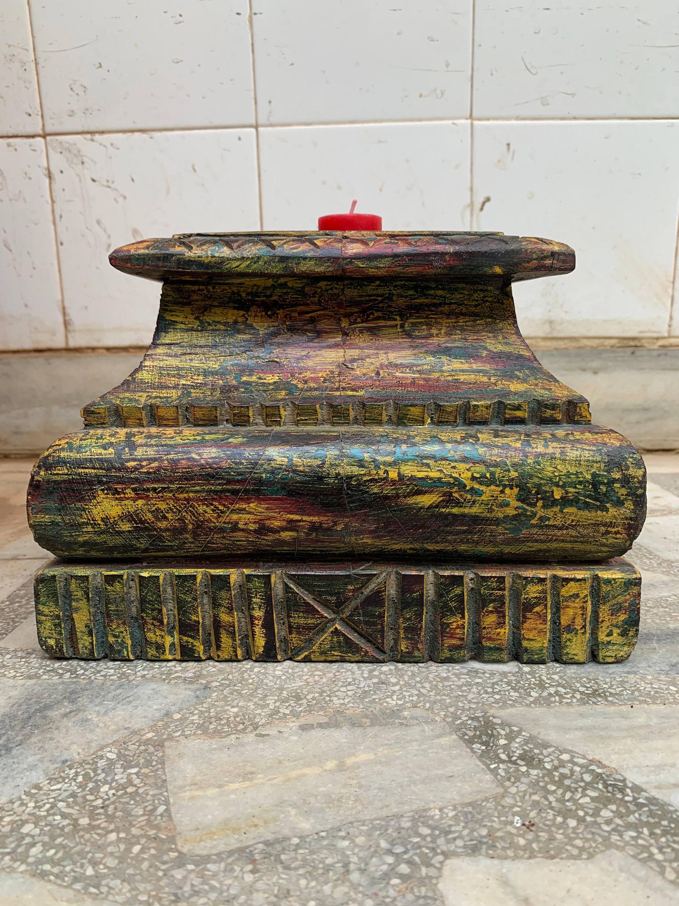 

Antique Carved Wood Candle Stand: Rustic Indian Home Decor 16” X 8” X 24” (l x w x h) разноцветный