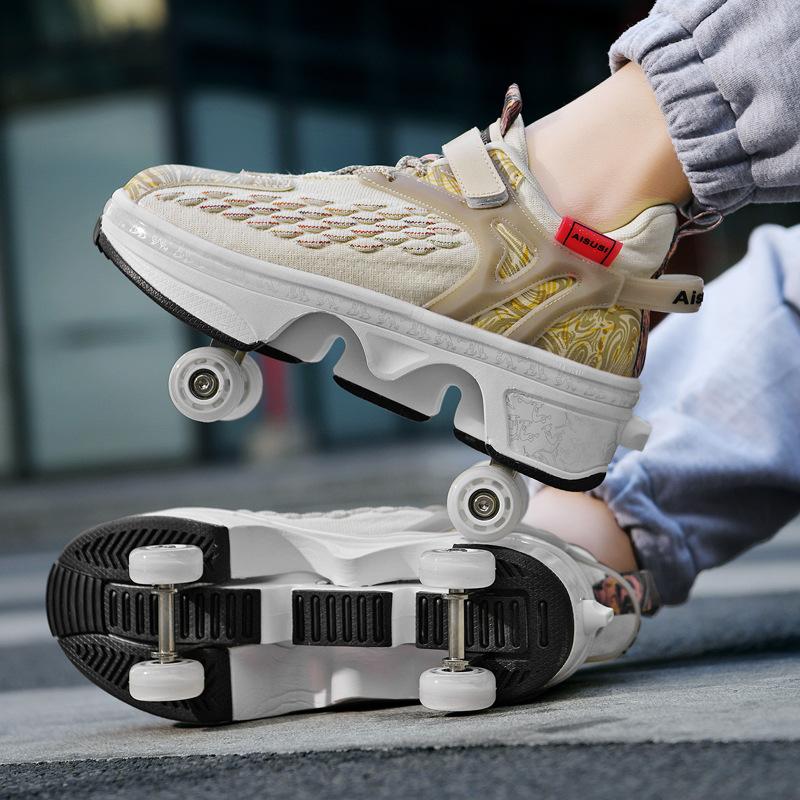Four-wheel Runaway Shoes Can Be Collected, Deformed Shoes, High-elastic Flying Woven Roller Skates, Breathable Mesh Men's and Women's Runaway Skates
