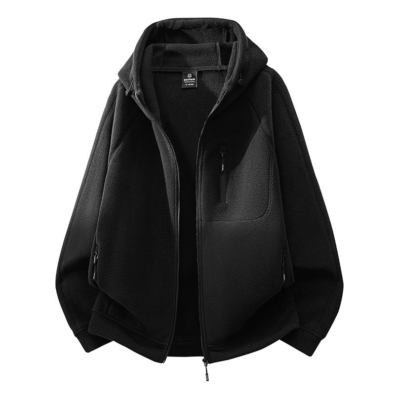 Unisex Khaki Fleece Hooded Jacket Full-Zip Warm Outdoor Sweatshirt Cardigan
