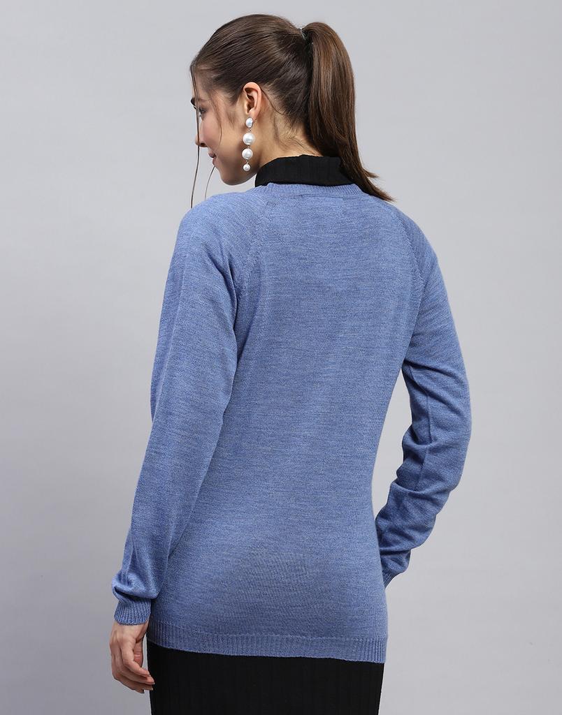 MONTE CARLO Womens Solid Blue V Neck Full Sleeve Cardigan