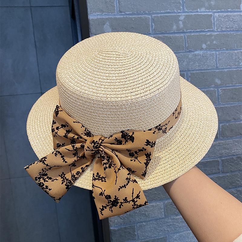 Bow Flat Top Top Hat UV Protection Versatile Casual Straw Hat Women's Summer Seaside Vacation Beach Hat