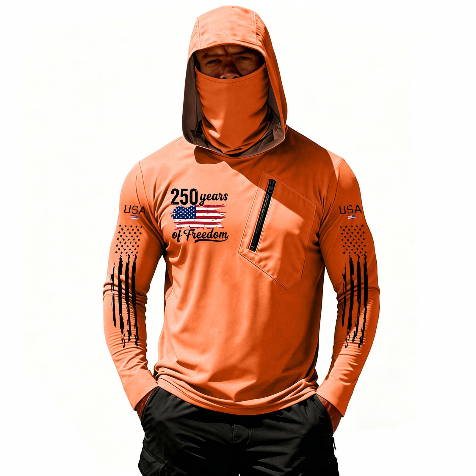 

Men’s Hooded Long Sleeve Shirt with USA Flag Print 250 Years Graphic Lightweight Pullover Top XXXL оранжевый