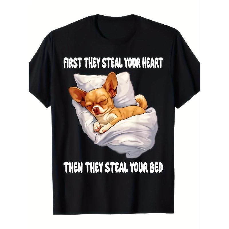 

European sizes Funny Chihuahua Graphic T-Shirt - First They Steal Your Heart Humorous Tee, Black Casual Short Sleeve Shirt, All-Season Comfort 4XL чорний