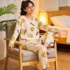 Spring and Autumn women's cartoon pajamas, pink girl cat print long-sleeved suit, loose loungewear