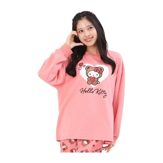 [SAZAC] Hello Kitty Pajamas, Women's, Bear Hello Kitty, Long Sleeve, Autumn, Winter, Knit Quilt, Top and Bottom Set, Long Pants, Room Wear, Room