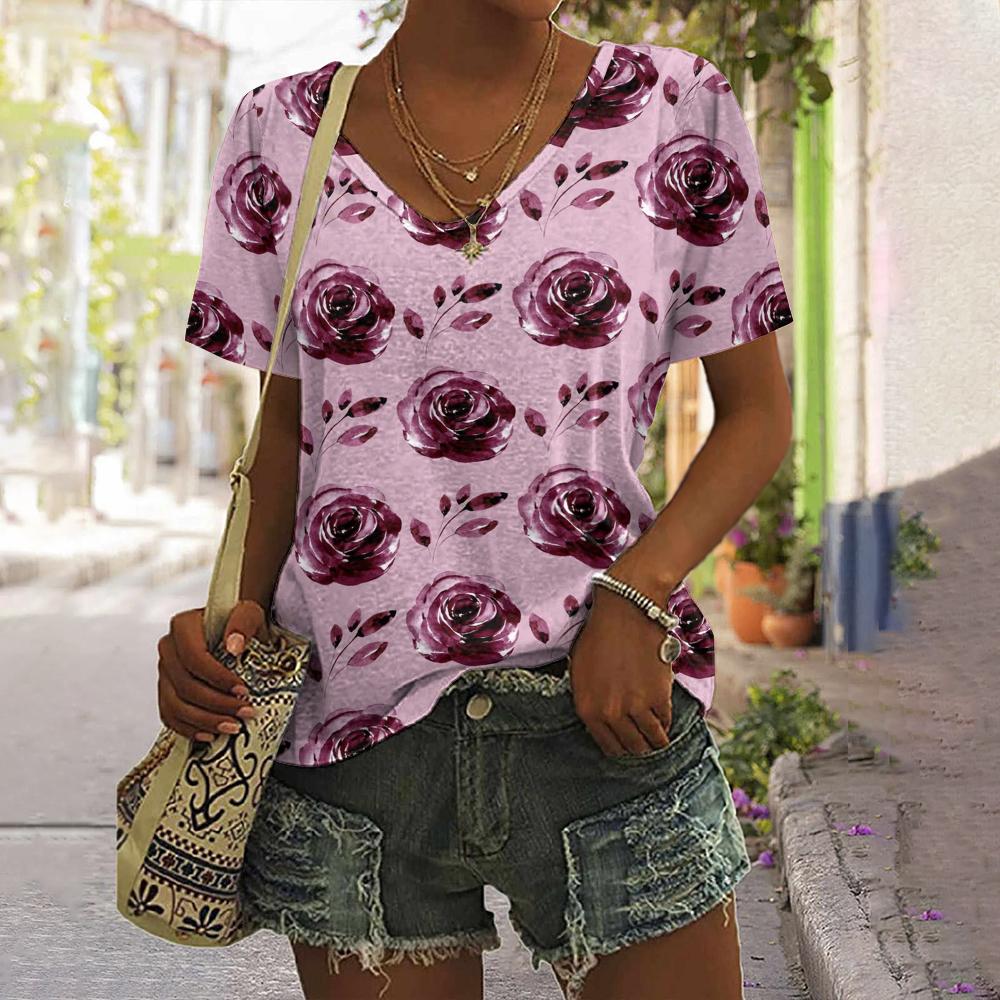Summer Flower Rose 3D Print T-shirt Women Streetwear Casual T Shirts Y2k Tops Woman Harajuku V-Neck Tees Oversized Clothing