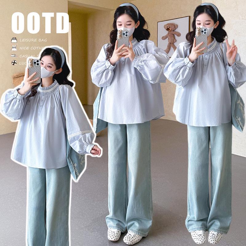 2026 Spring Korean Style Lace Patchwork Loose Maternity Shirt M