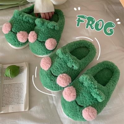 Cute Cartoon Little Frog Bag Head Cotton Slippers Winter Leisure Home Bedroom Warm Confinement Soft Bottom Slippers Women