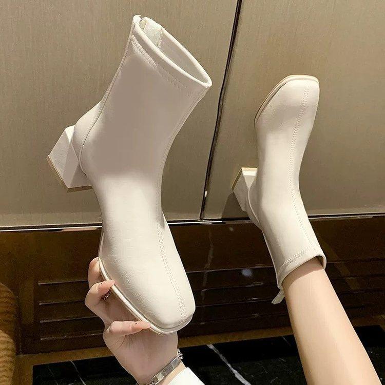 Retro Thick Heel Square Head Short Boots Women's Autumn and Winter British Style Chelsea Boots Slim Velvet Martin Boots Slim Boots