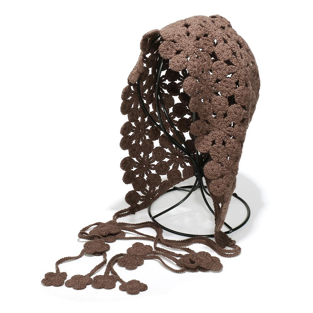 Ethnic style hand-woven hollow fringed hat Bohemian flower crochet knitted hat pullover head hat female