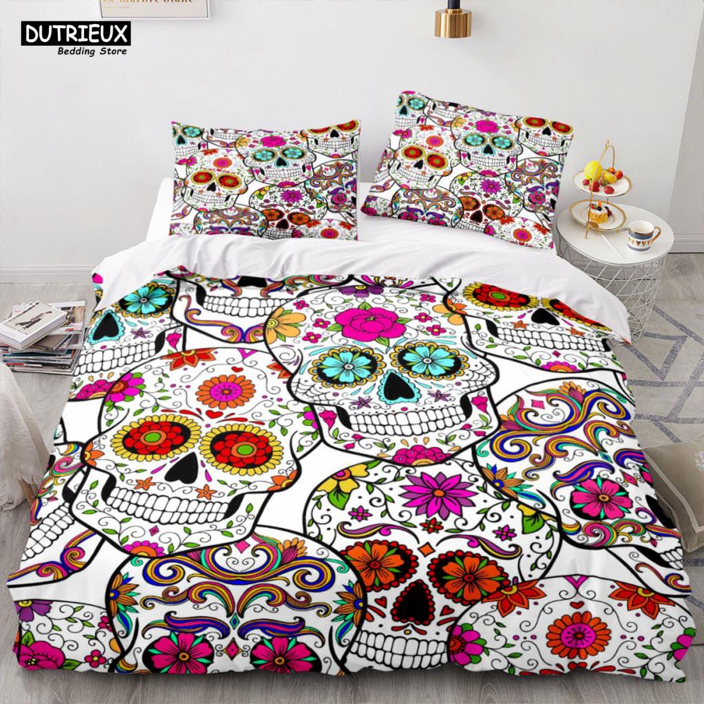 Skelett Totenkopf Bettwäsche Set 2/3 Teile Queen King Full Size Bettbezug Set Mit Kissenbezügen Rose Blume Bettwäsche Für Erwachsene Jugendliche