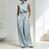 Conjunto de Verano de Lino Sintético para Mujer de 2 Piezas: Top sin Mangas con Cuello Alto y Pantalones de Pierna Ancha a Juego, Conjunto de Lounge con Bolsillos