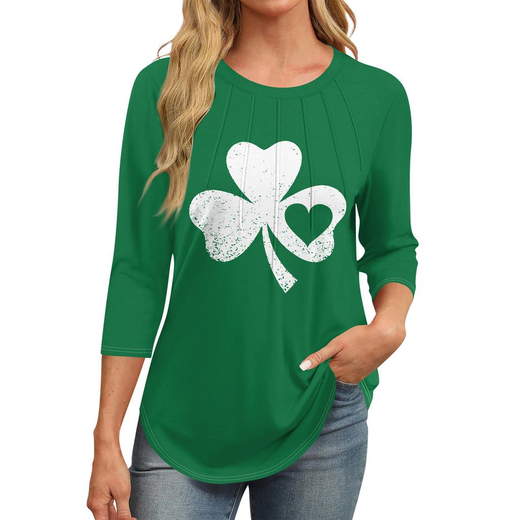 3/4 Langarm Damenoberteile Lässiges Tunika-Top Basic Plissiertes Hemd Locker St. Patrick Print Top