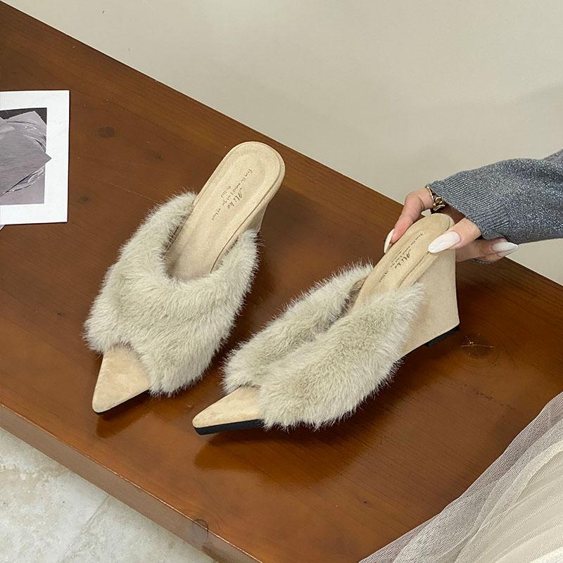 Fashion Ladies Pumps Slides Wedges Shoes Female High Heels Footwear Pointed Toe Fashion Fur Warm Women Wedges Heeled Shoes