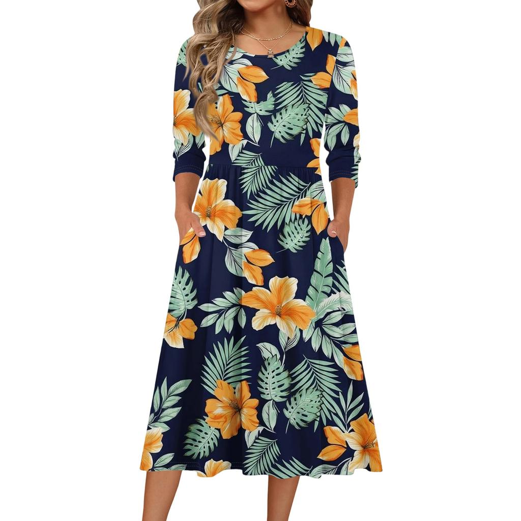 3/4-Ärmel Damenkleid Lässig Fließend A-Linie Midi T-Shirt Kleider mit Taschen Rundhalsausschnitt Urlaub Boho Strand Sommerkleid