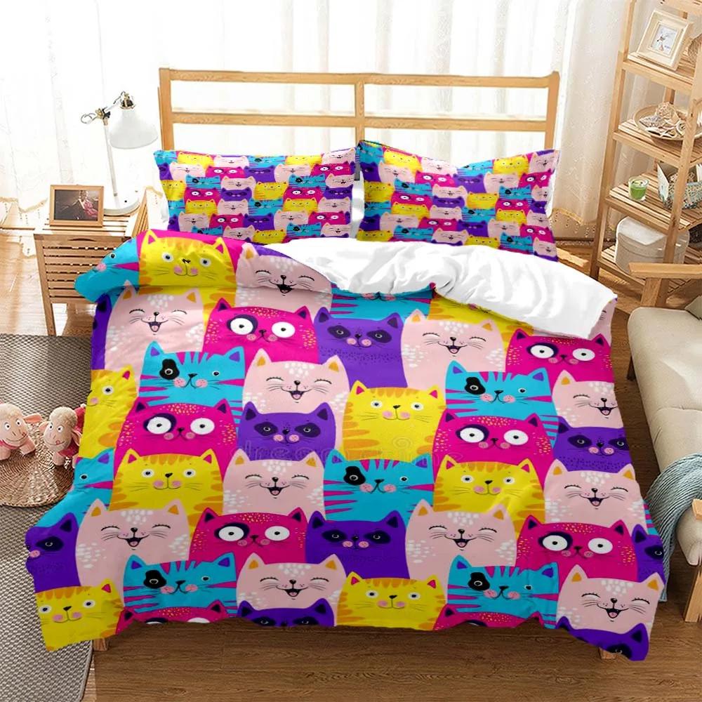 Cute Cat Print Quilt Cover Pillow Cover Bedding Set Luxury Queen Bedding Set Cute Style Customized Boys Bedding Set