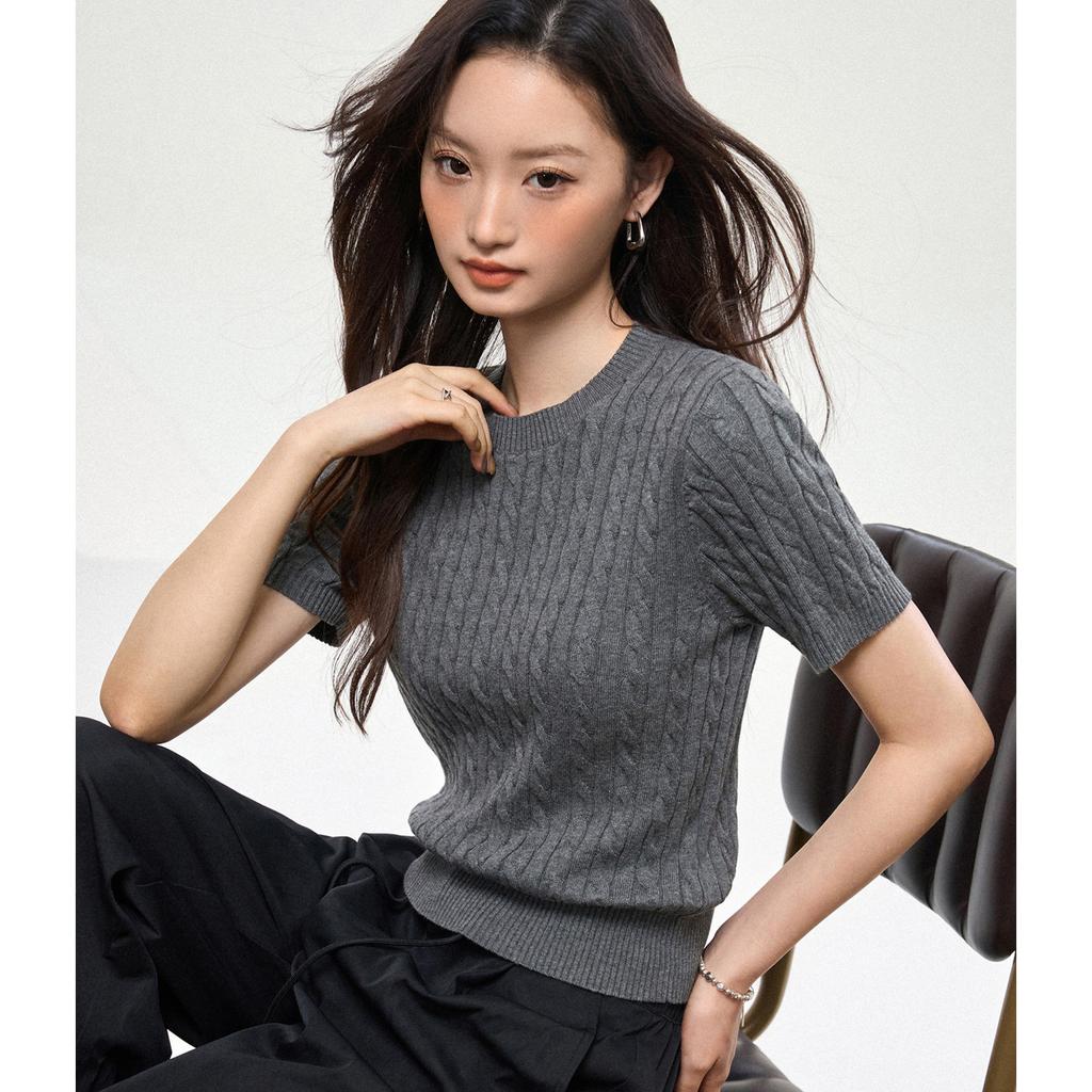 % Cotton knitted sweater women's summer new temperament high-end sense thin twist thin short-sleeved crew neck top thin