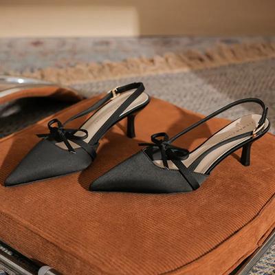 Fashion Luxury Satin Pointed Toe High Heels Women Fashion Bow Design Cover Toe Fine Heel 6cm Ladies Sandals Back Strap Party Dress Shoes